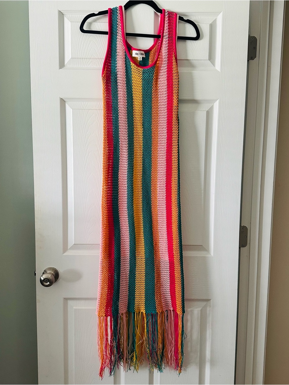 Day + Moon Multicolor Stripe Crochet Maxi Dress with Fringe